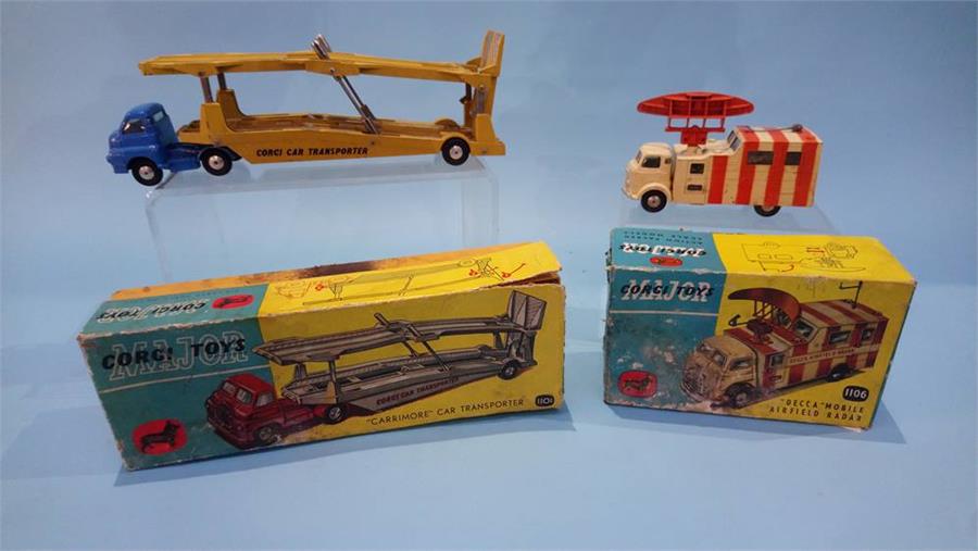 Corgi toys: 1101 car transporter and 1106 Decca mobile airfield radar