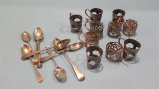 Various Georgian silver spoons, five silver cup holders etc.