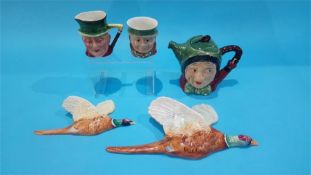 Two wall mounted Beswick pheasants, a Beswick teapot etc. (5)