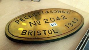 Brass plaque 'Peckett and Sons ltd'