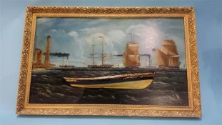 A 19th century half block boat, 'Seaflower' mounted on panel, painted with steamships and sailing