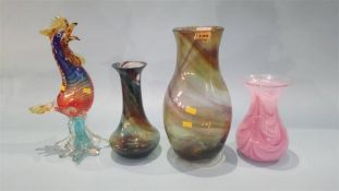 Three pieces of Studio glass and a cockerel