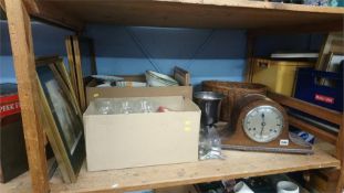 Two boxes of assorted, a mantle clock etc.