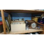 Two boxes of assorted, a mantle clock etc.