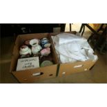 Two boxes including Maling, linen etc.
