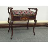Victorian rosewood piano stool, string and marquet