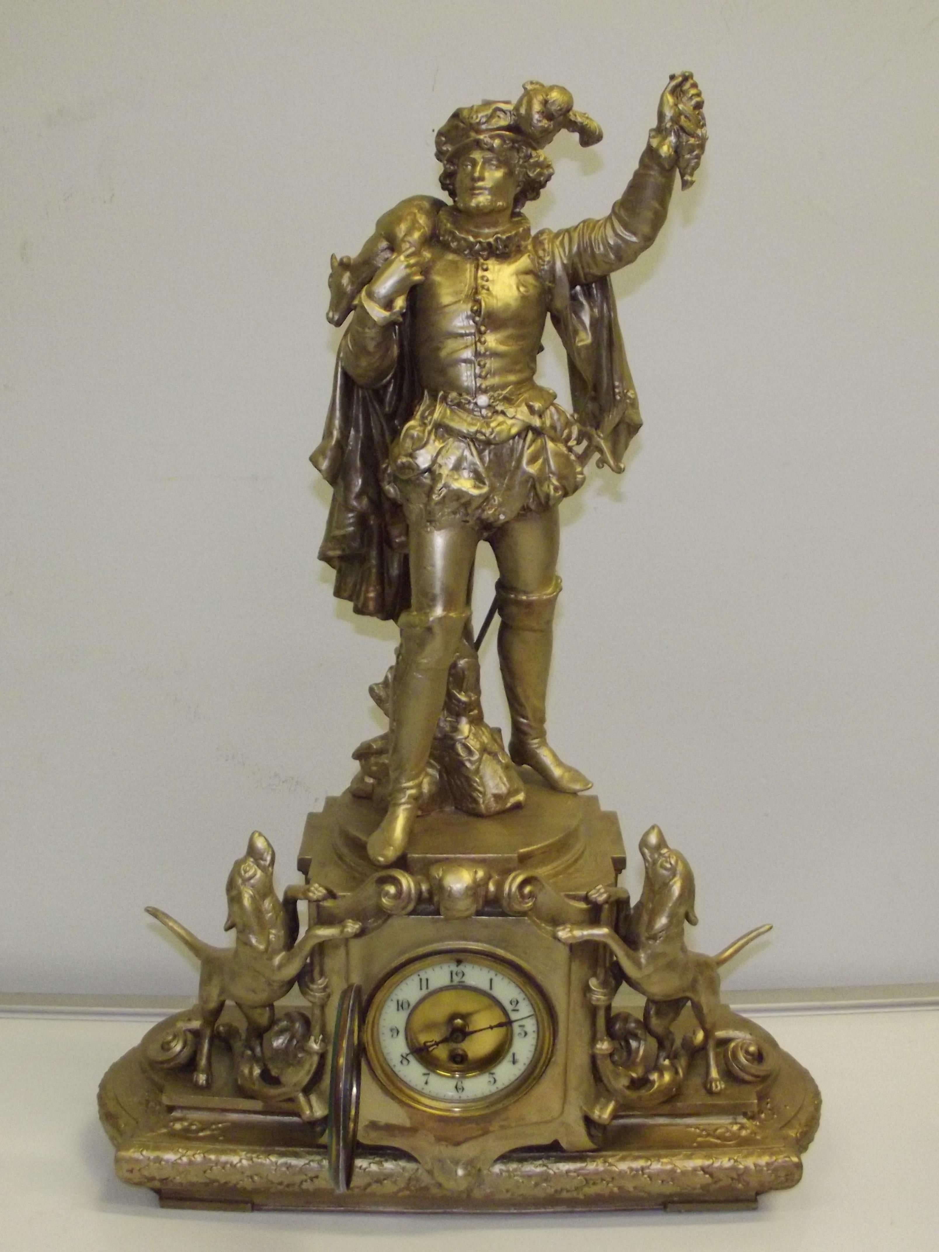 Garniture timepiece gold painted spelter clock in