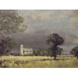 Oil on board - Landscape with church, signed lower
