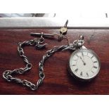 Silver cased pocket watch with silver chain and t-