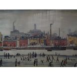 Northern river scene L S Lowry print, gilt framed.