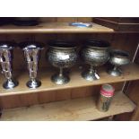 Pair of brass jardinieres, pair of chrome vases an