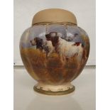Crown Devon hand painted lidded ginger jar, ribbed form and depicting gun dogs, signed R. Hinton,