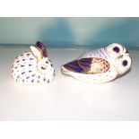 Royal Crown Derby paperweights, owl and rabbit