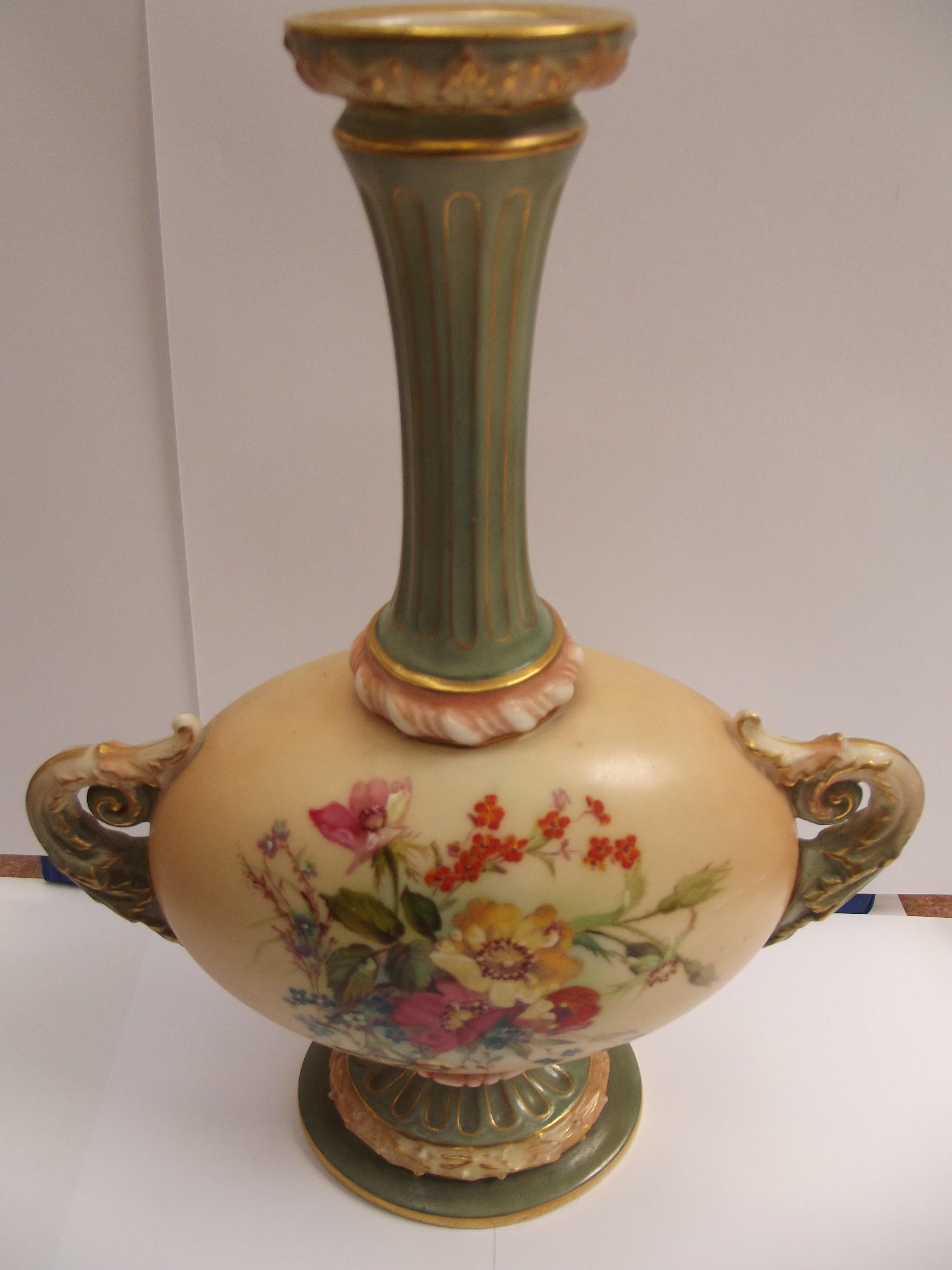 Royal Worcester baluster vase printed back stamp circa 1899, height 22cm.