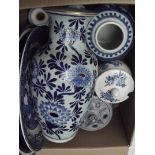 Box of blue and white ceramics