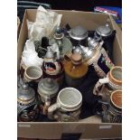 Large box of steins, decanters and others