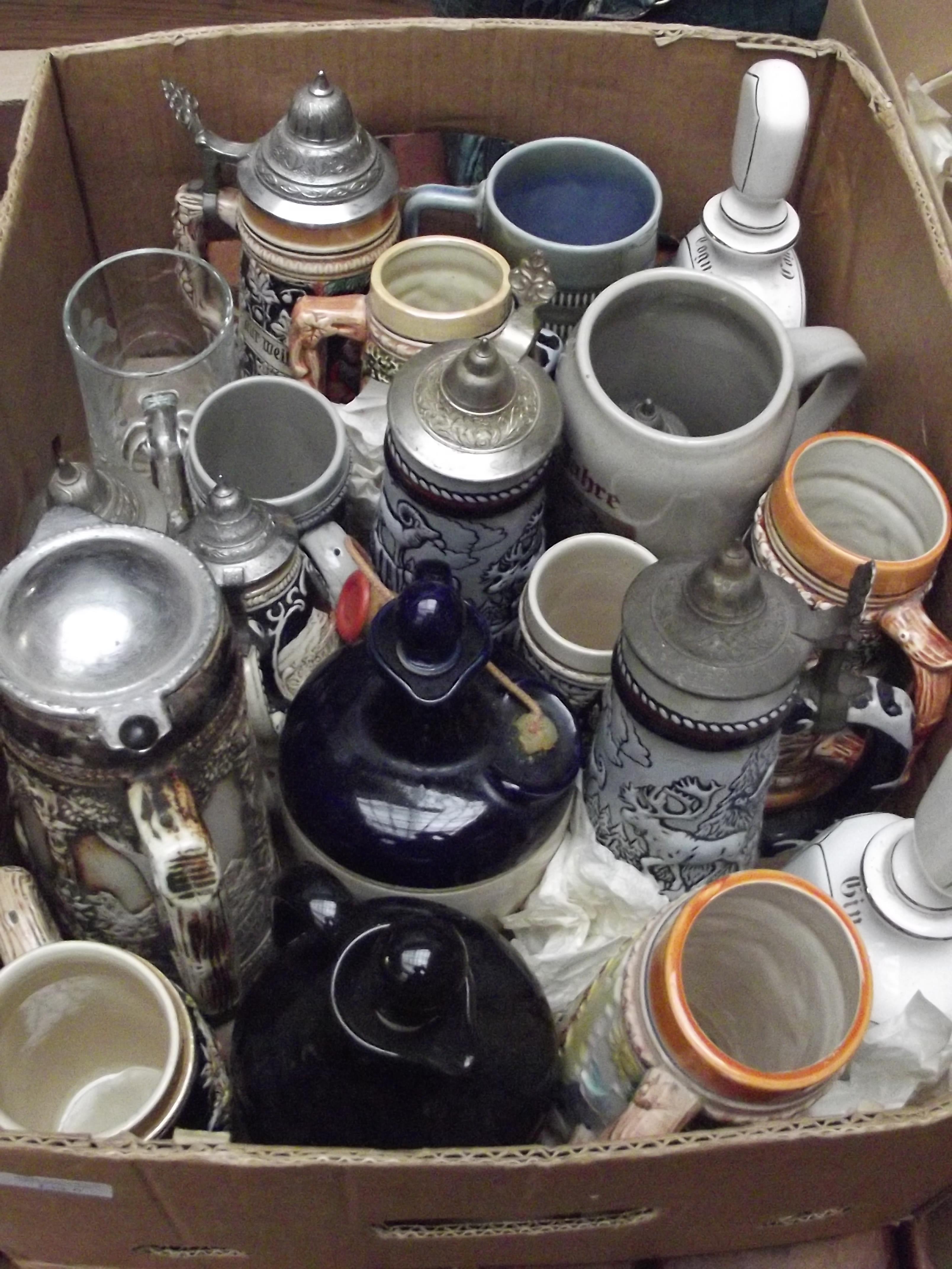 Large box of steins, decanters and others