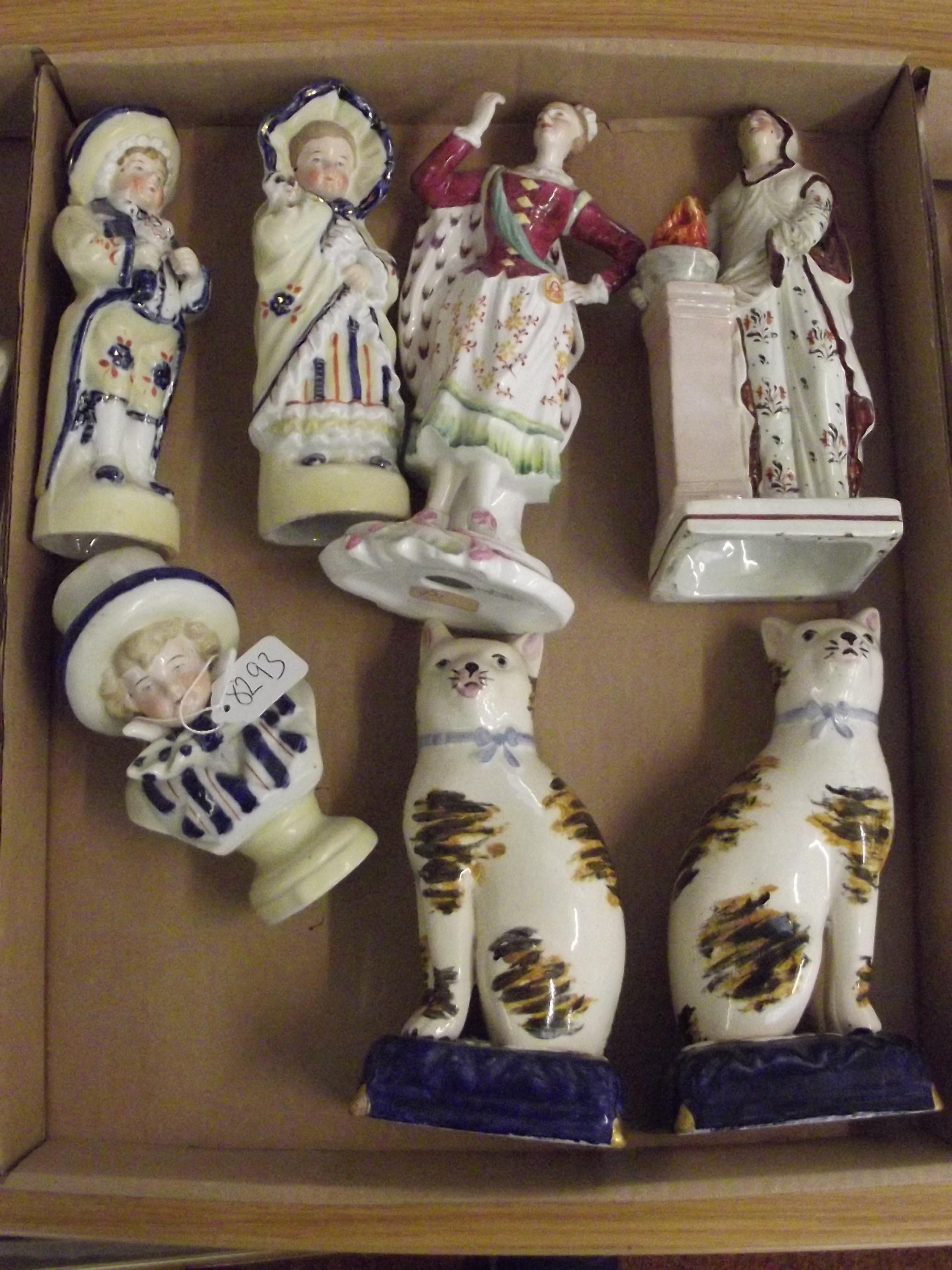 Box of Bisque, Staffordshire figures and a spode f