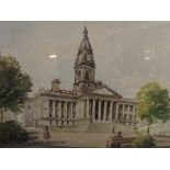 Framed watercolour, Bolton Town Hall, signed and d