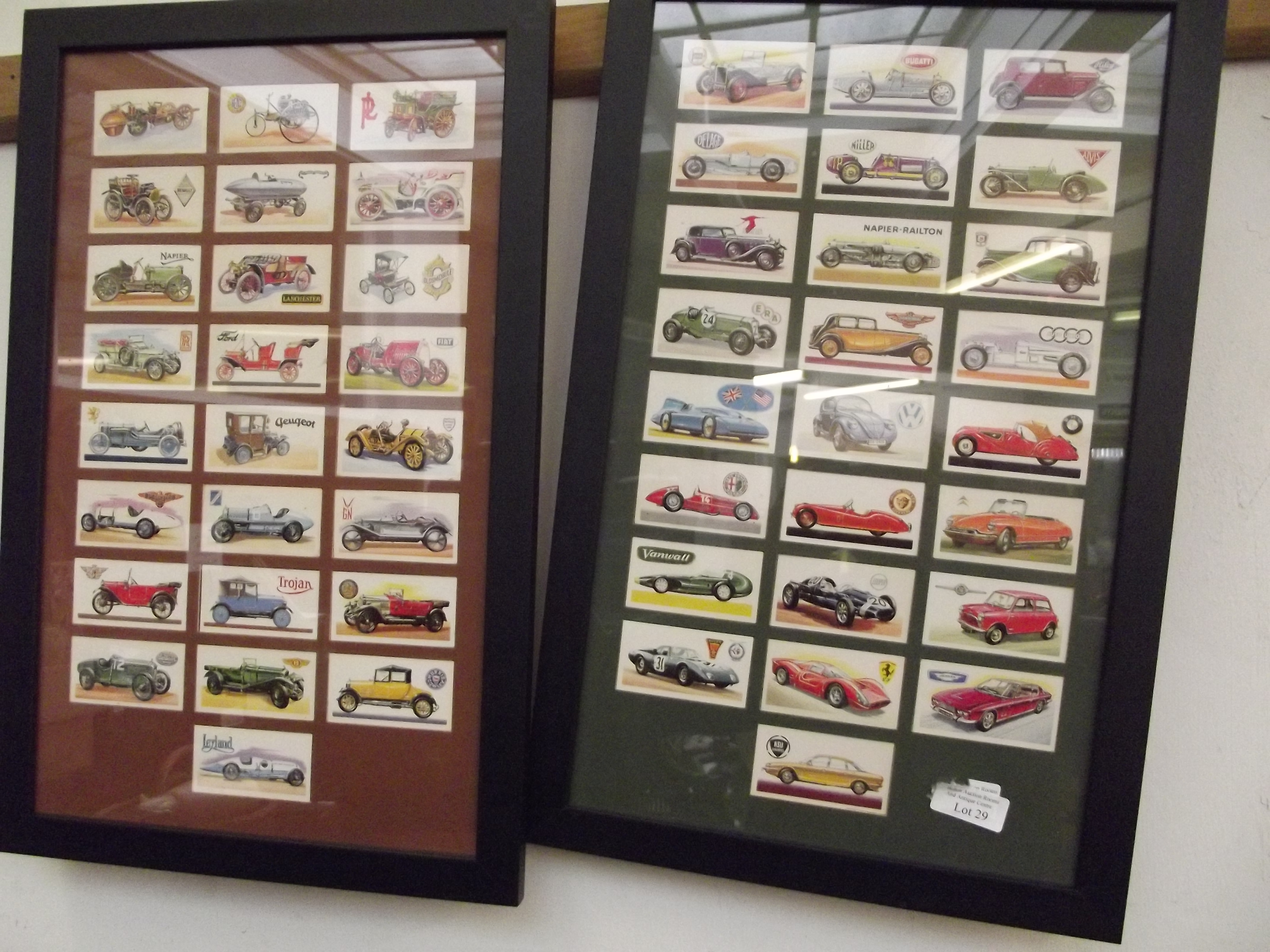 Two framed cigarette cards, classic cars