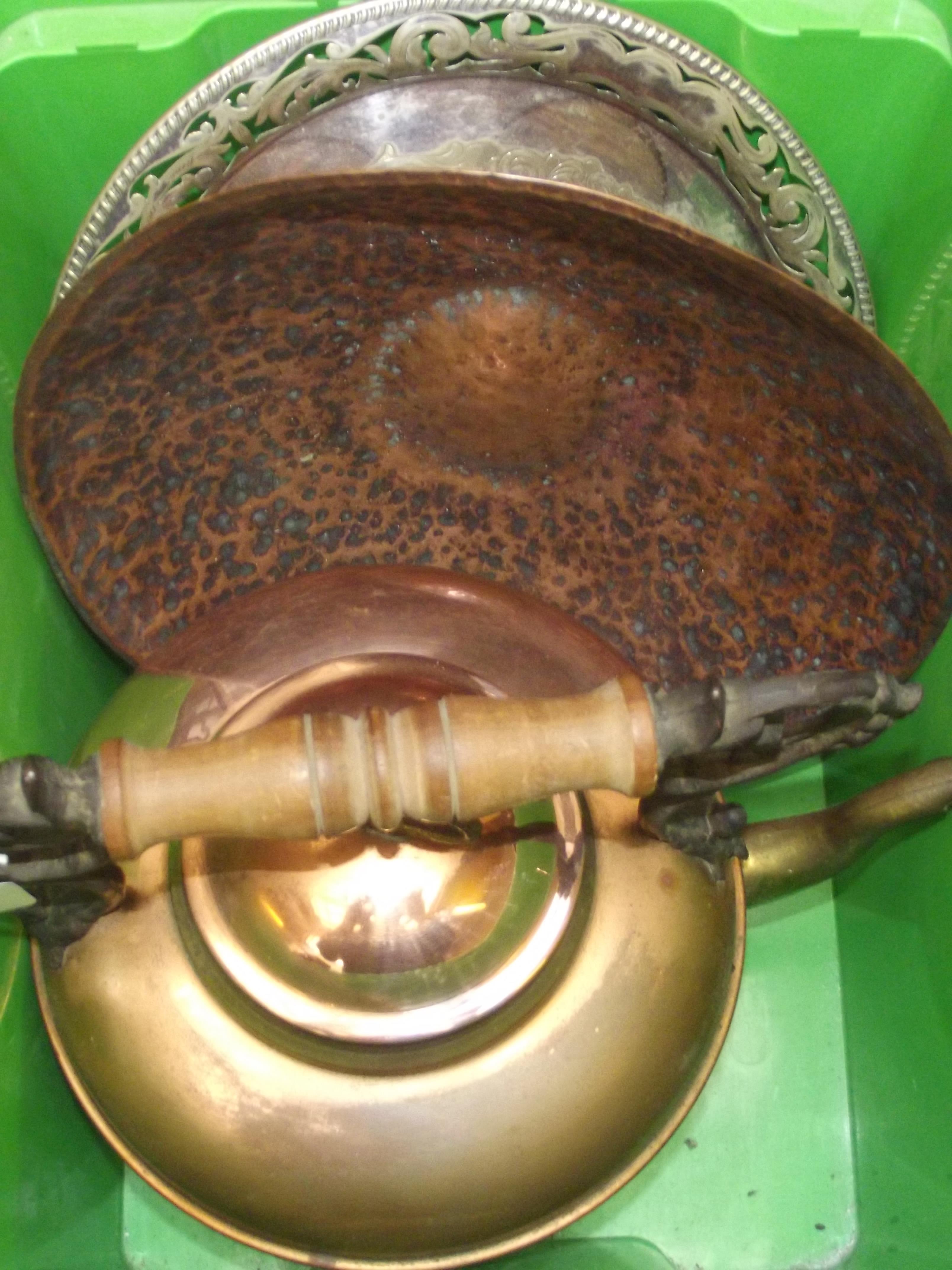 Large copper kettle together with a copper bowl an