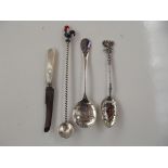 3 novelty spoons and mother of pearl handled fruit