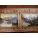 Two oil on board mountain and lake scene, signed T