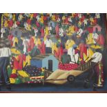 Large framed painting depicting a busy African mar