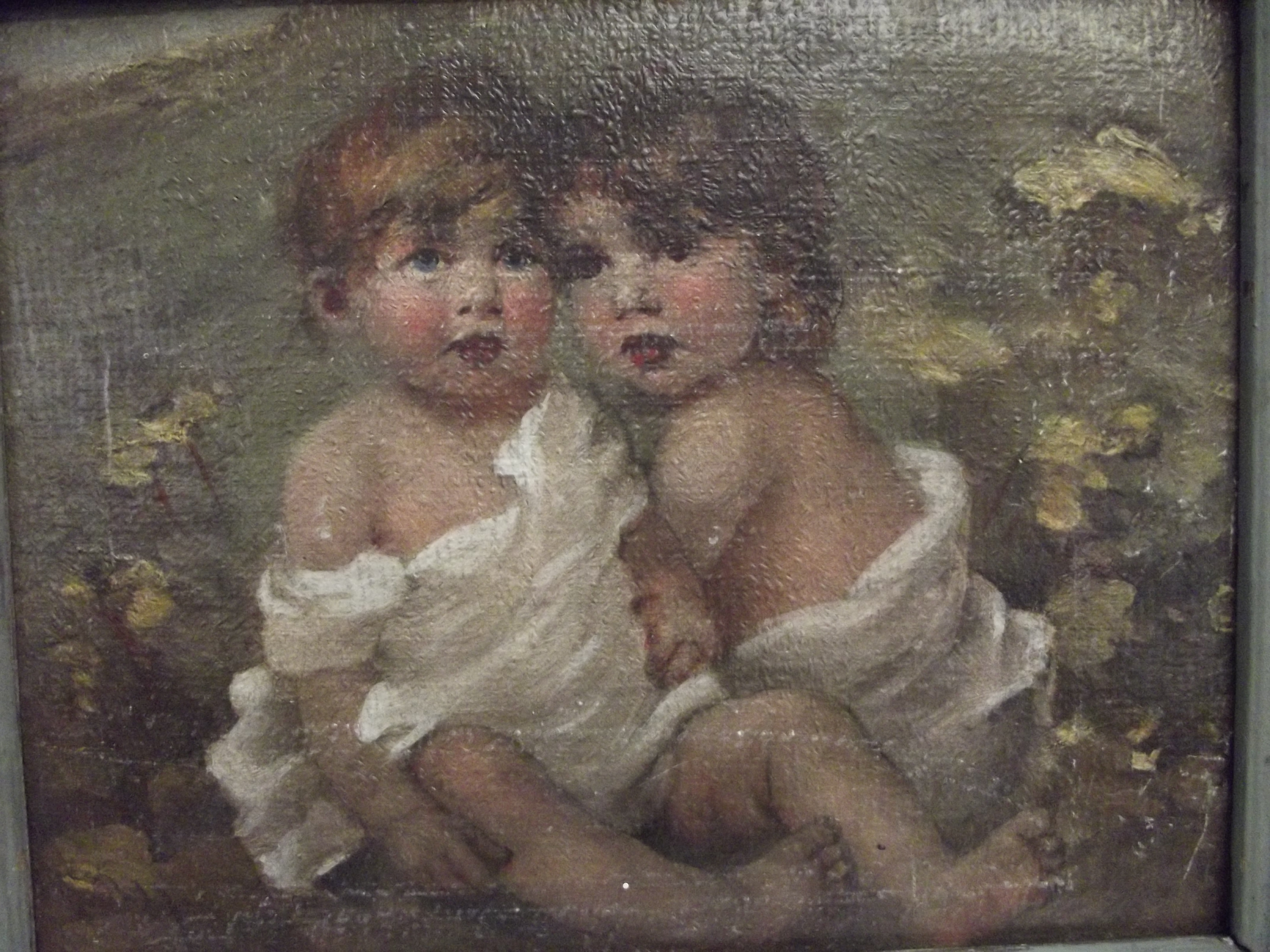 Very early painting of two children, possibly cut
