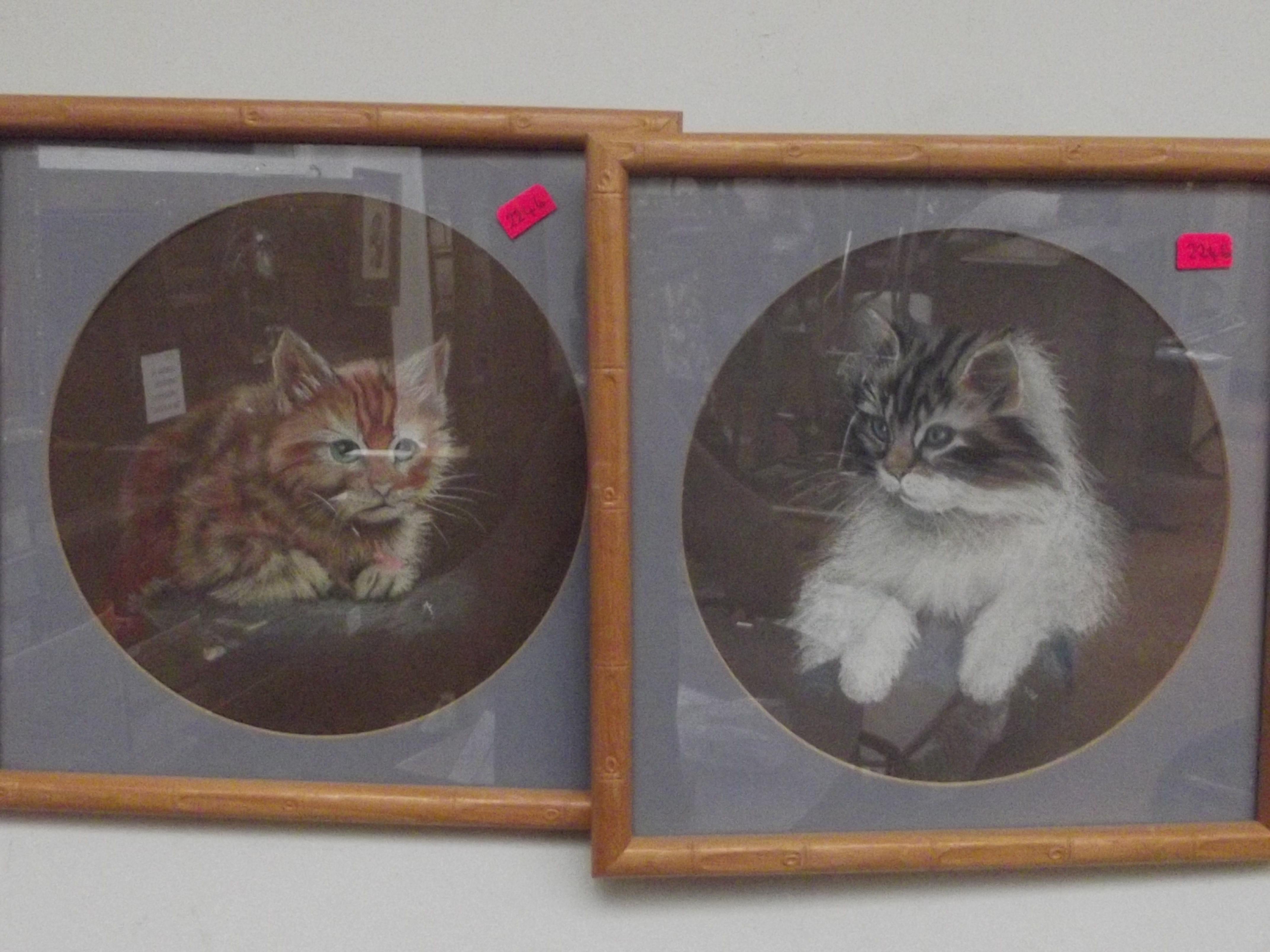 Pair of pastel, depicting cats