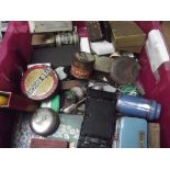 Box of vintage tins and other items