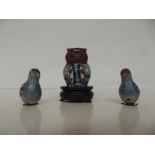 Pair of cloisonne pigeons and a owl on a stand