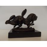 Bronze hare group, signed, height 12cm
