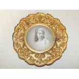 Hand painted ceramic plaque with brass frame signe
