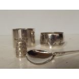 4 Pieces of Silver, 2 napkin rings, spoon and thim