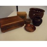 Six pieces of treen to include a brass ashtray
