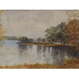 Framed watercolour, lake scene. Signed lower right