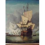 Gilt framed oil on canvas, depicting ship in battl