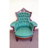 Victorian buttoned armchair in walnut, on original