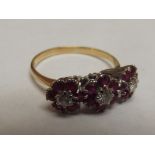 18ct yellow gold Ruby & Diamond cluster ring. 3x(a