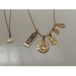 Two 9ct gold chains with 6 pendant/charms 11.4 gra