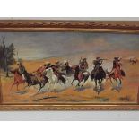 Large oil on board - cowboys and indian scene