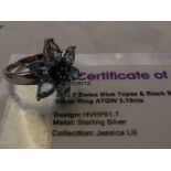 Blue topaz silver ring with COA, size O