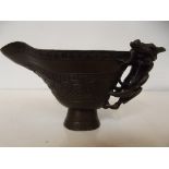 Bronze libation style cup, height 10cm, length 17c