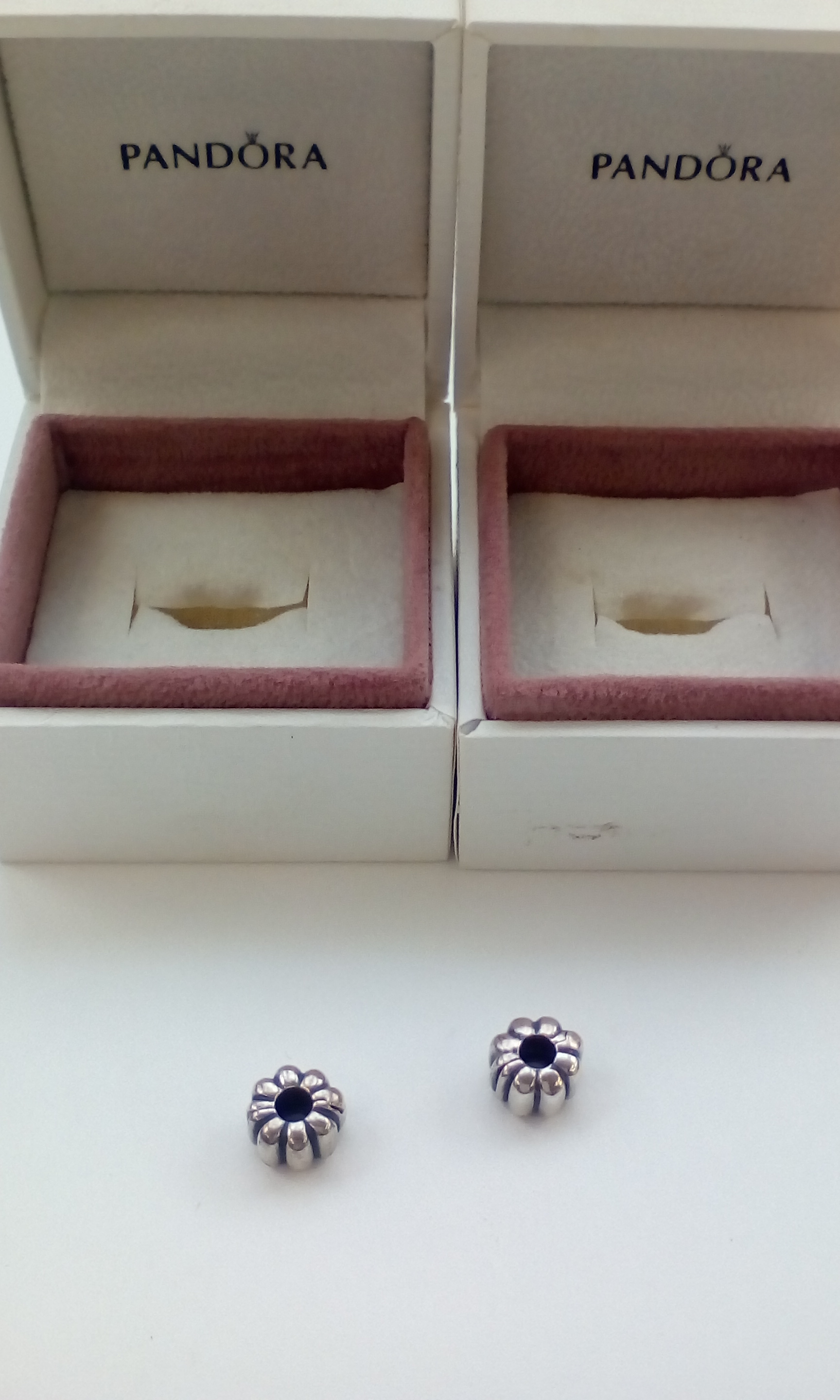 Two Pandora charms, boxed