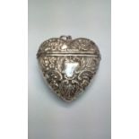 White metal vesta case in the form of a heart, wit