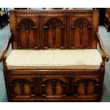 Solid oak monks bench, fielded panel back with pal