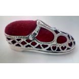 Silver pin cushion in the form of a ballet shoe