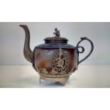 Oriental white metal and enamel teapot with monkey