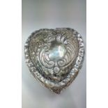 Silver pill box in the form of a heart, hinged lid